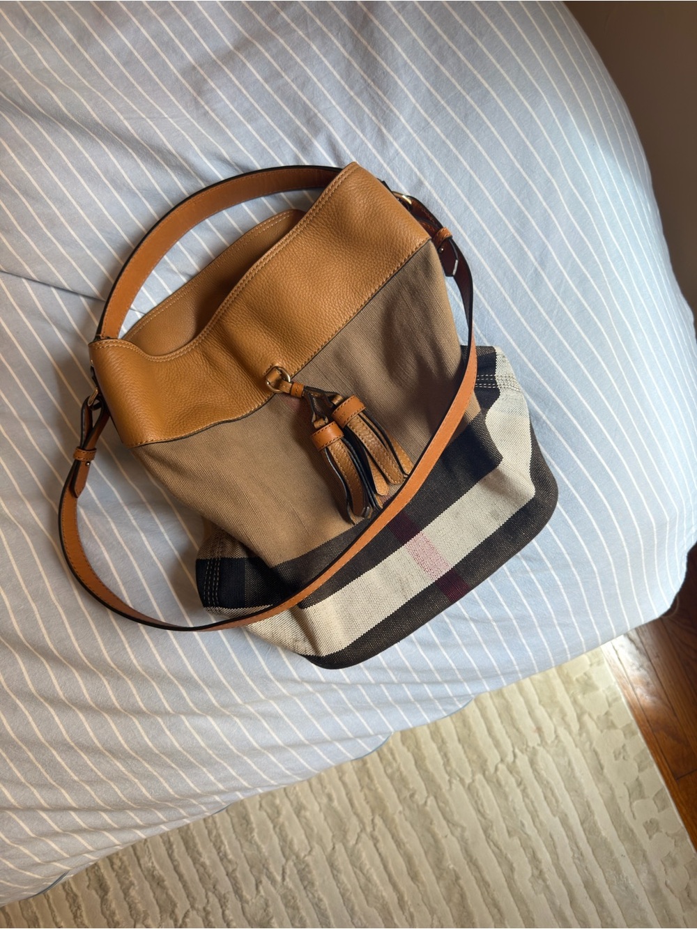 Burberry Leather & Canvas Ashby Tassel Bucket Bag - Picture 2 of 10